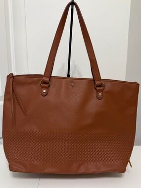 Elliott Lucca Cognac Pebbled Faux Leather Tote Bag with Woven Panel Detail